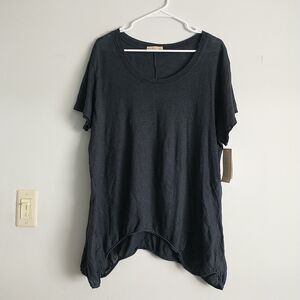 Talia Benson Tunic Top OS/L*Blue Linen Asymmetrical Hem Knit Lagenlook New